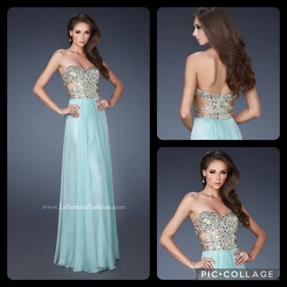 *LA FEMME PROM 18602 SEAFOAM GREEN JEWELED STRAPLESS NWT $398 SZ 00
